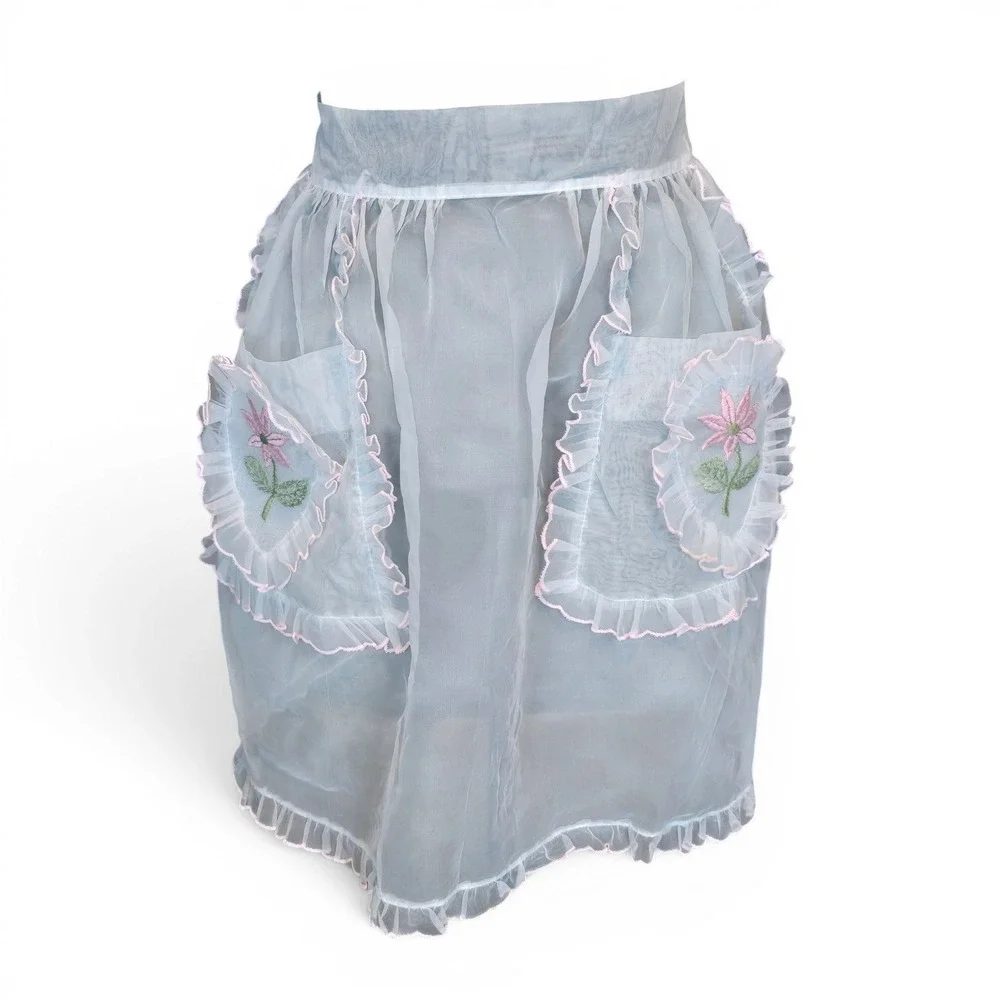 Vintage Sheer Blue Organza Half Apron Pink Ruffle Floral Embroidery Pockets